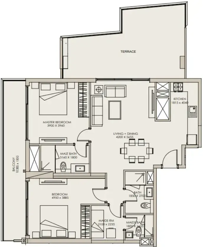 Nirvana Residences 1 2 bed floor plan, 1,385 sqft