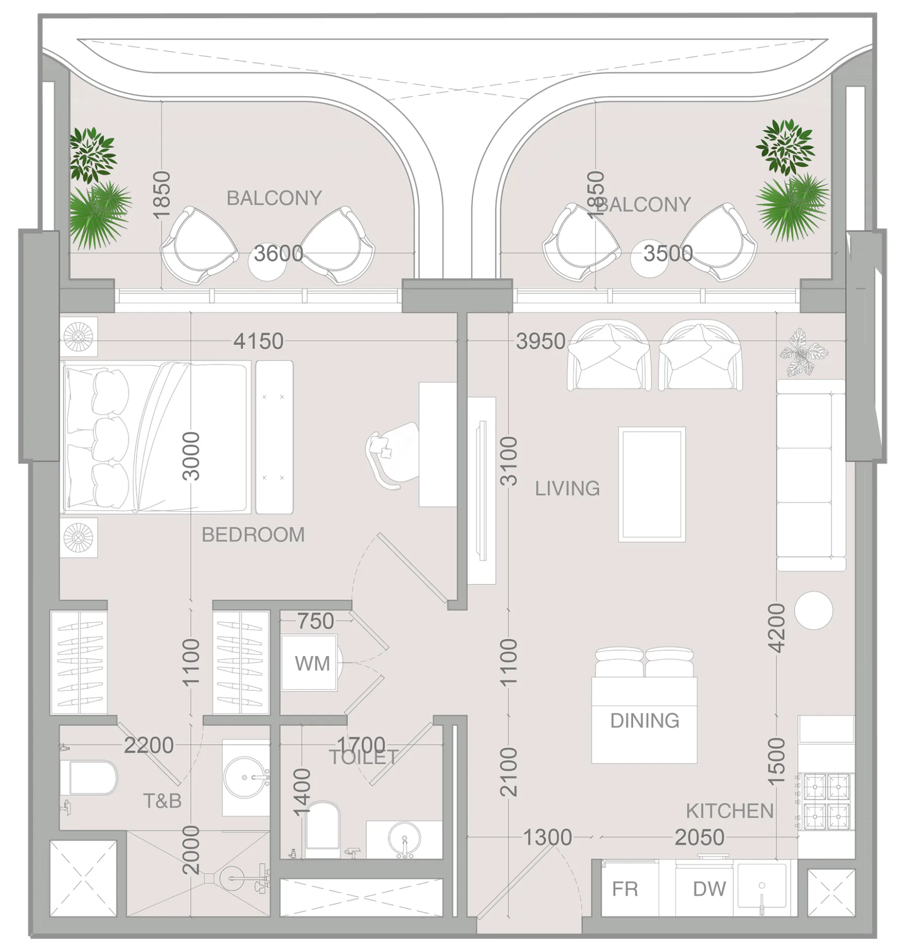 ALTA V1EW 1 bed floor plan, 736 sqft