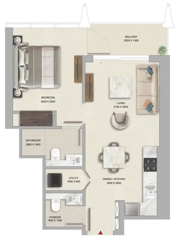 The Pinnacle at Sobha Central 1 bed floor plan, 610 sqft