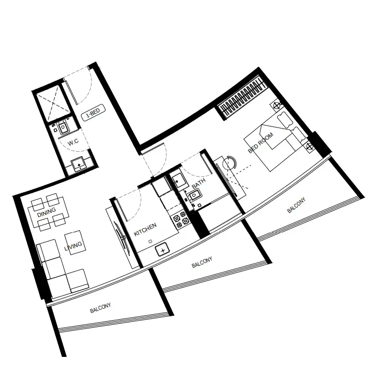 Binghatti HillCrest 1 bed floor plan, 877 sqft