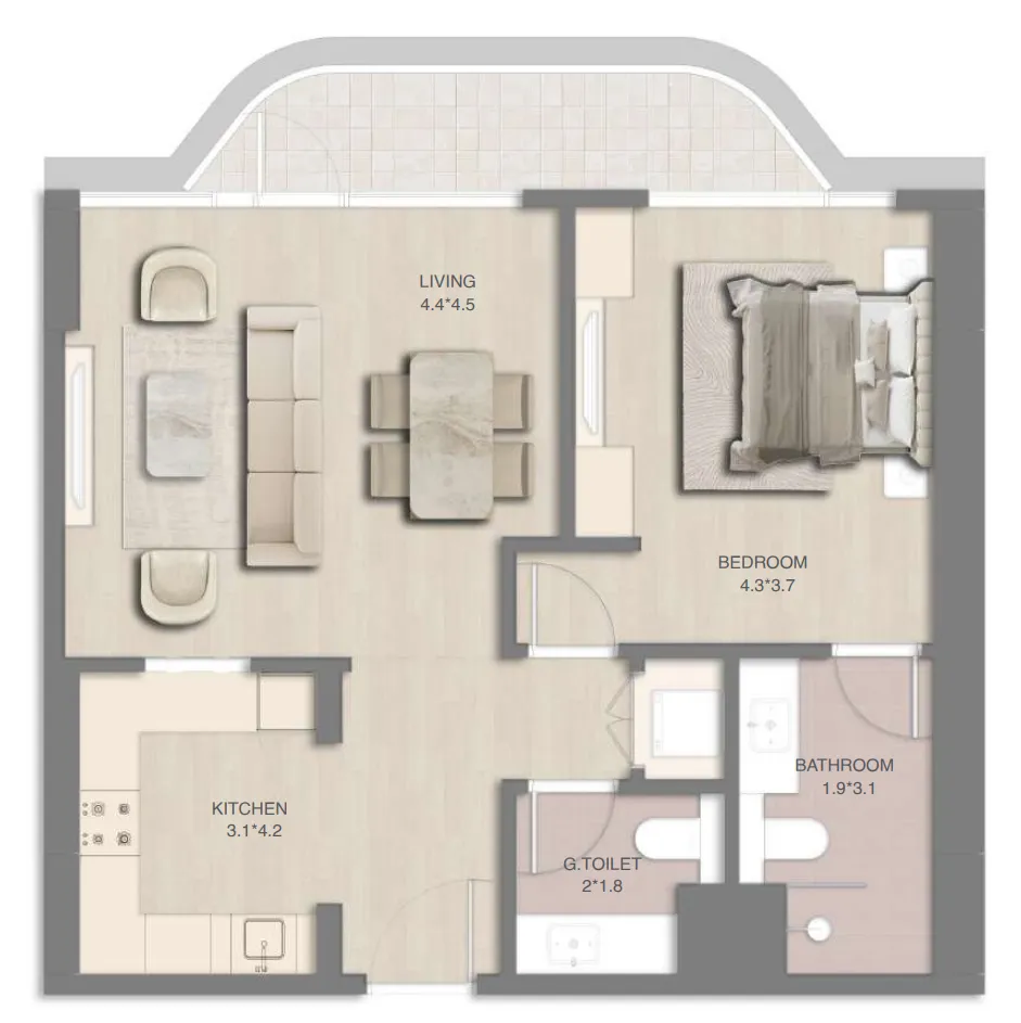Mirasol Mina 1 bed floor plan, 1,050 sqft