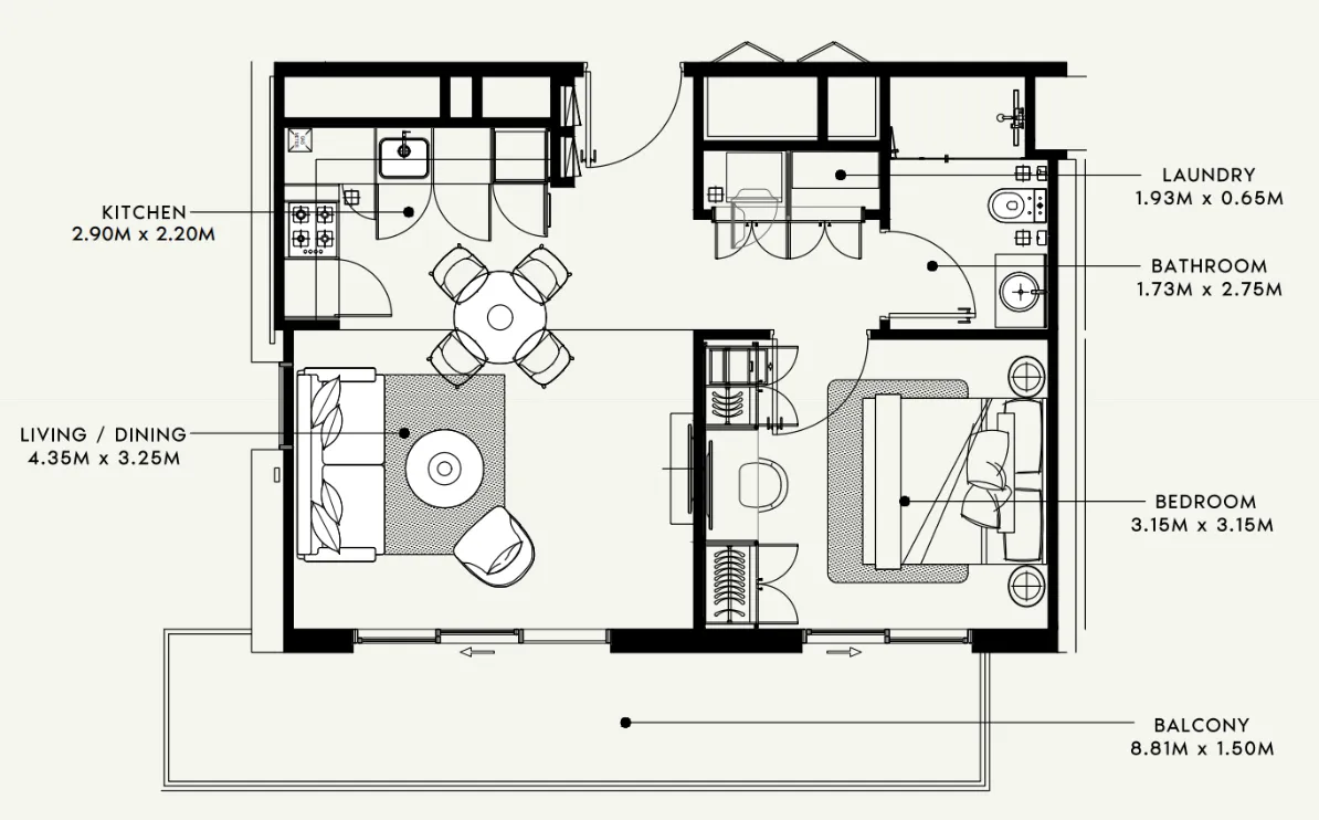 Beach Oasis 1 and 2 1 bed floor plan, 687 sqft