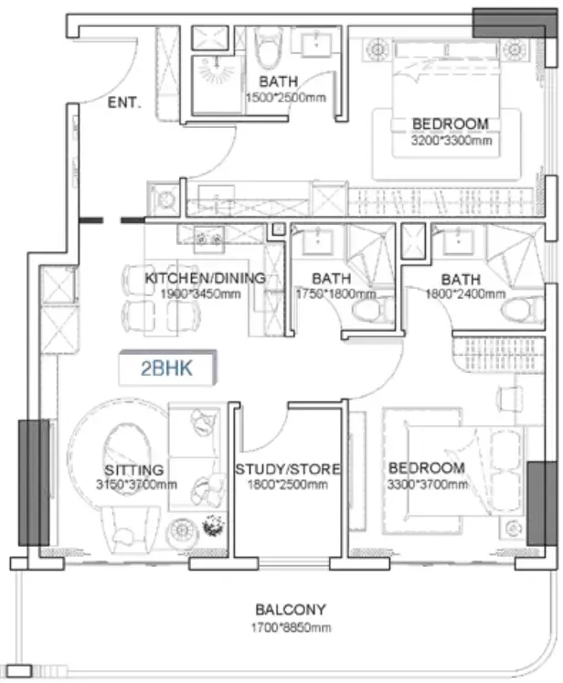 Listone Residence 2 bed floor plan, 1,011 sqft