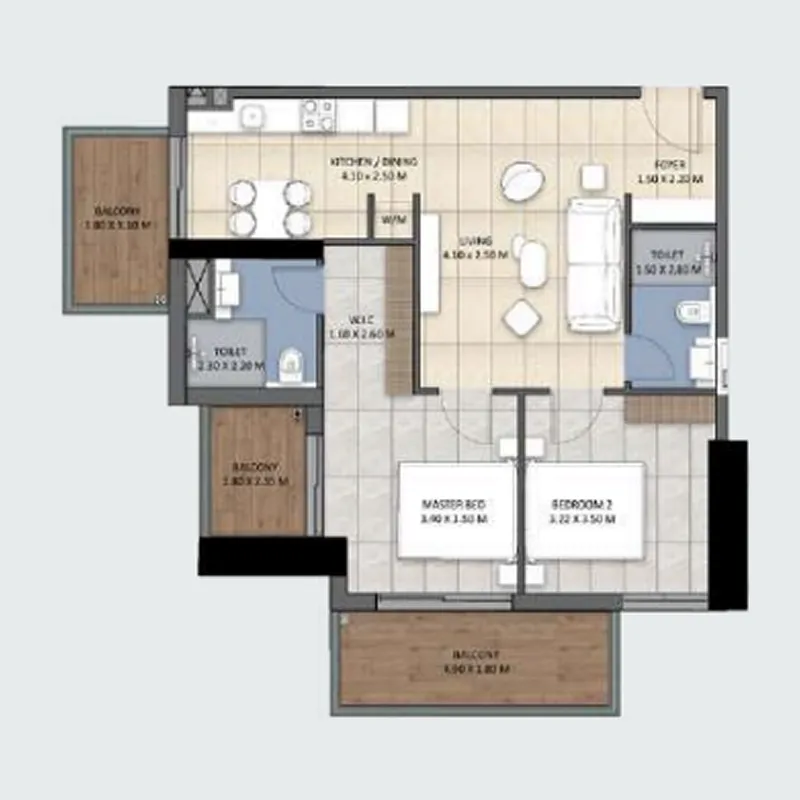 Tranquil Wellness Tower 2 bed floor plan, 1,131 sqft