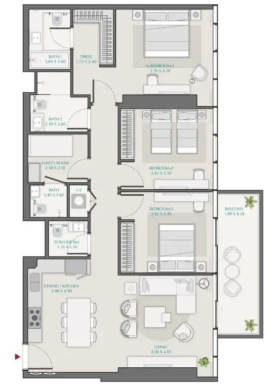 Avenue Park Towers 1 at Wasl 1 3 bed floor plan, 1,525 sqft