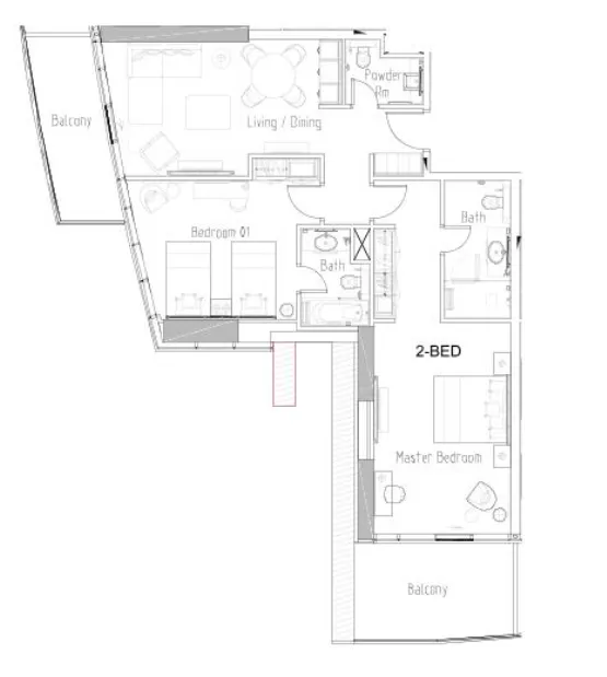 Damac Hills - Radisson Dubai 2 bed floor plan, 1,312 sqft