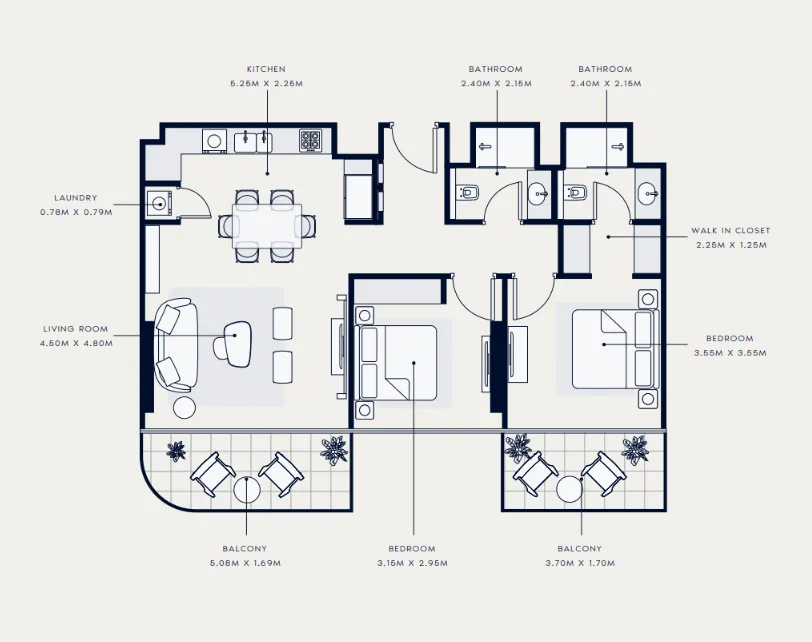 Azizi Venice 2 bed floor plan, 1,086 sqft