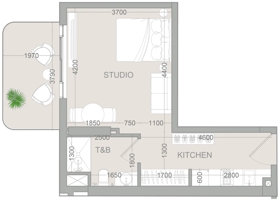 TETR1S Tower Studio floor plan, 438 sqft