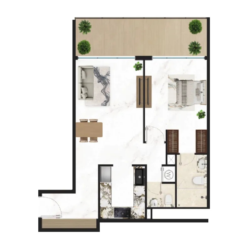 Courtyard One 1 bed floor plan, 828 sqft