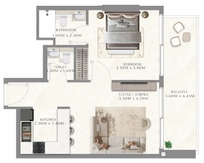Aum 99 Residences 1 bed floor plan, 627 sqft