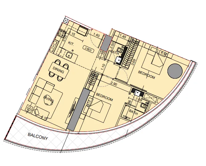 Binghatti Aquarise 2 bed floor plan, 1,090 sqft