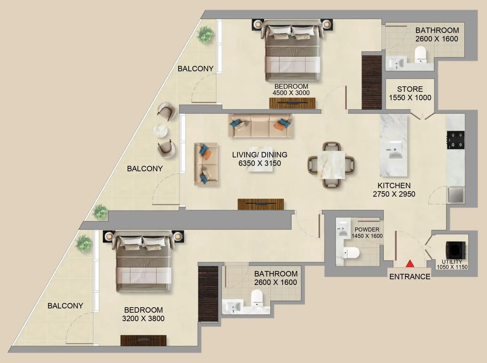 Skyvue Altier 2 bed floor plan, 1,207 – 1,226 sqft
