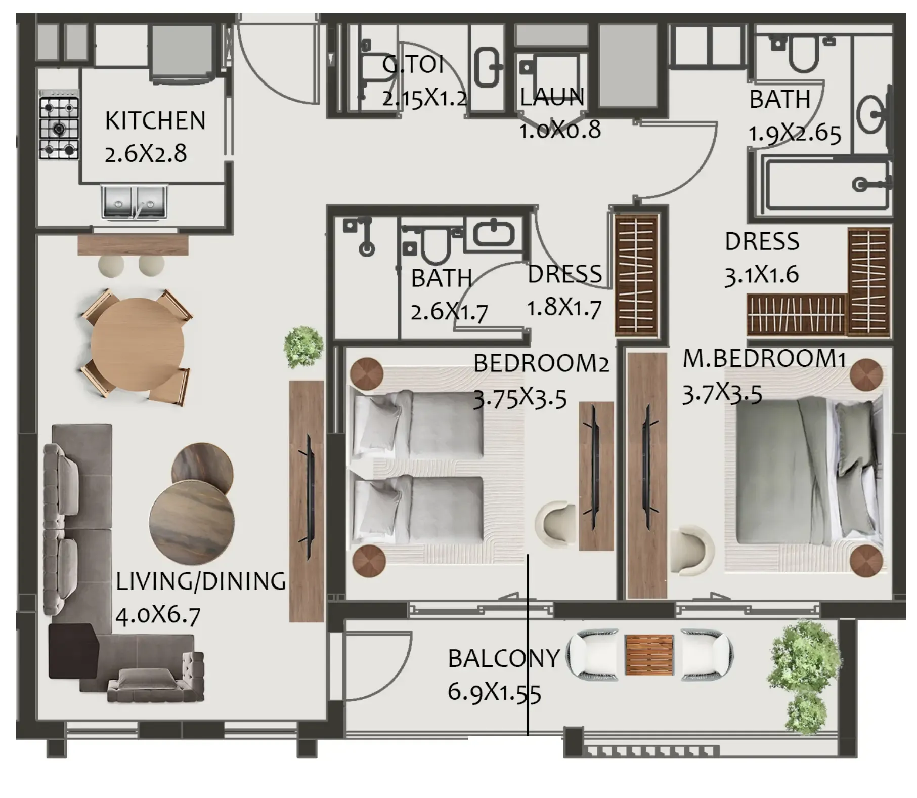 Hillside Residences 2 bed floor plan, 1,243 sqft