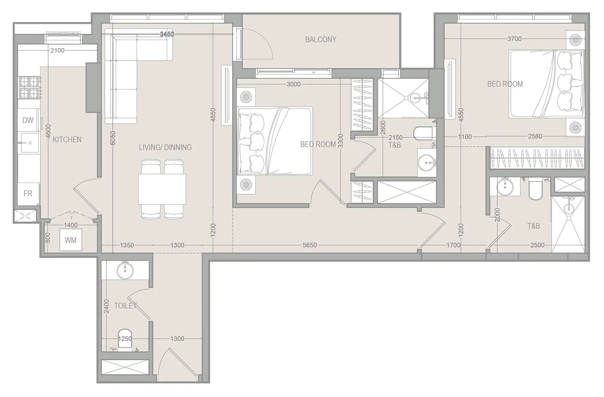 FLU1D ONE 2 bed floor plan, 1,068 sqft