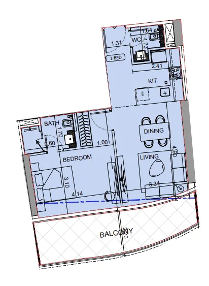 Binghatti Aquarise 1 bed floor plan, 791 sqft