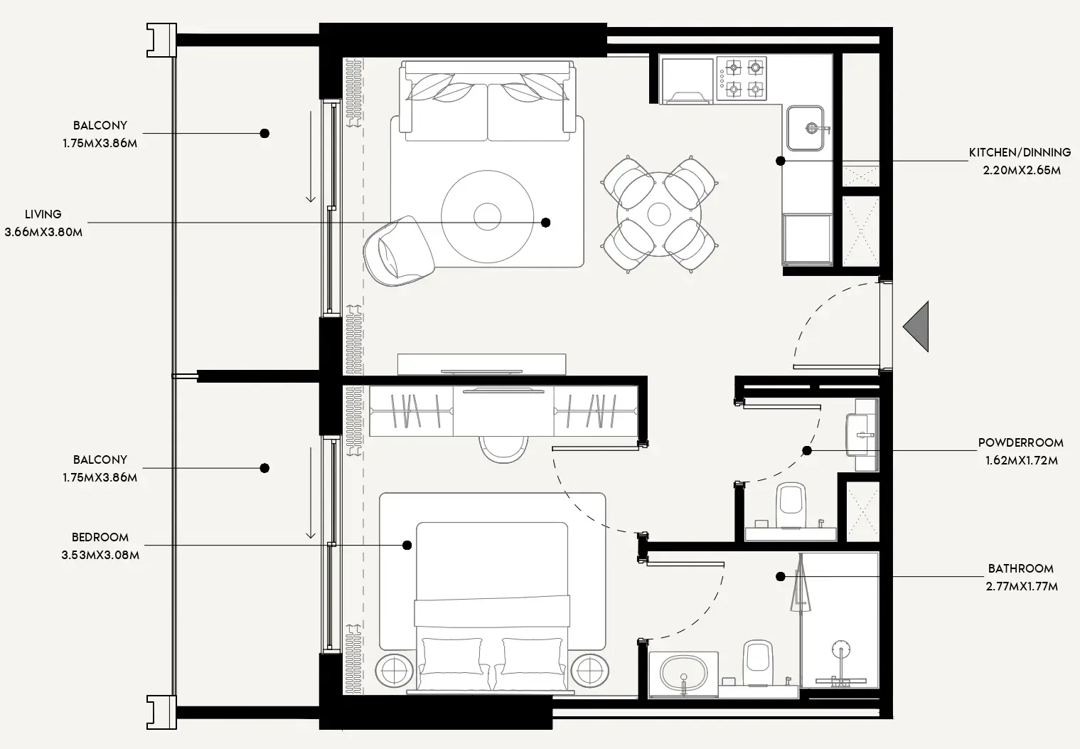 Azizi Venice 1 bed floor plan, 708 sqft