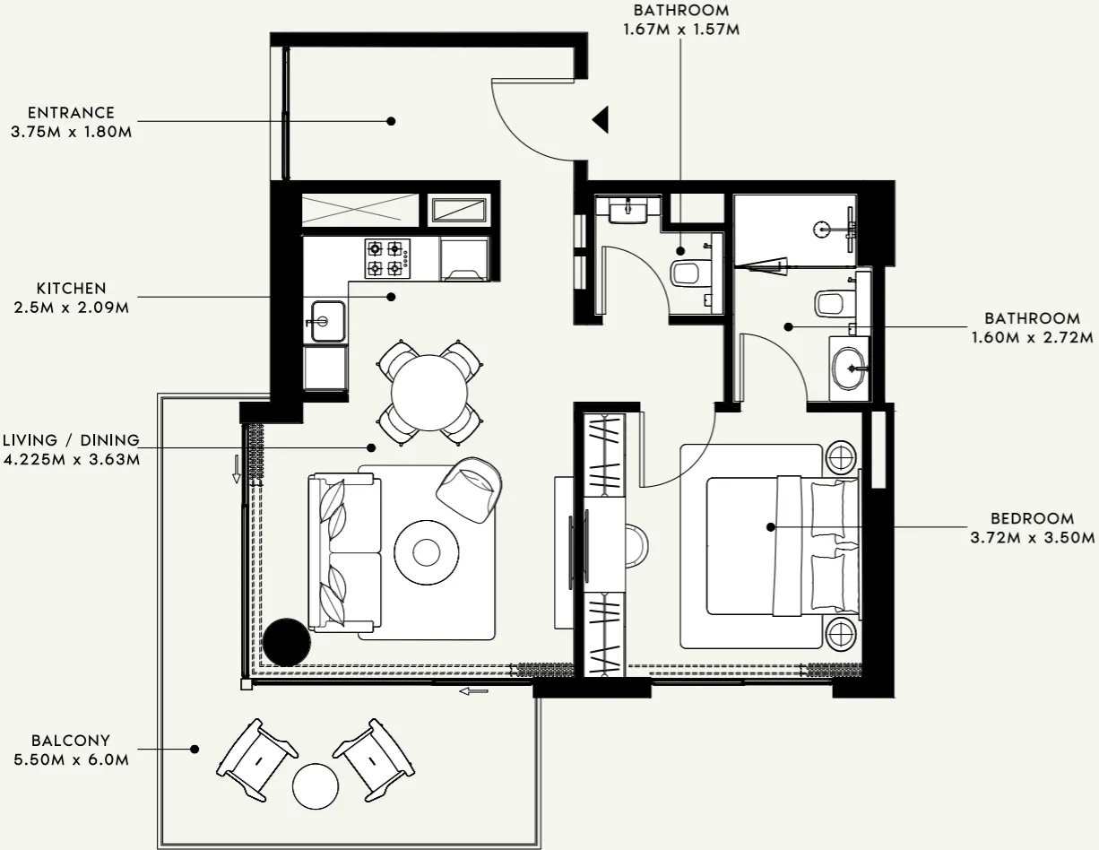Azizi Venice 1 bed floor plan, 794 sqft
