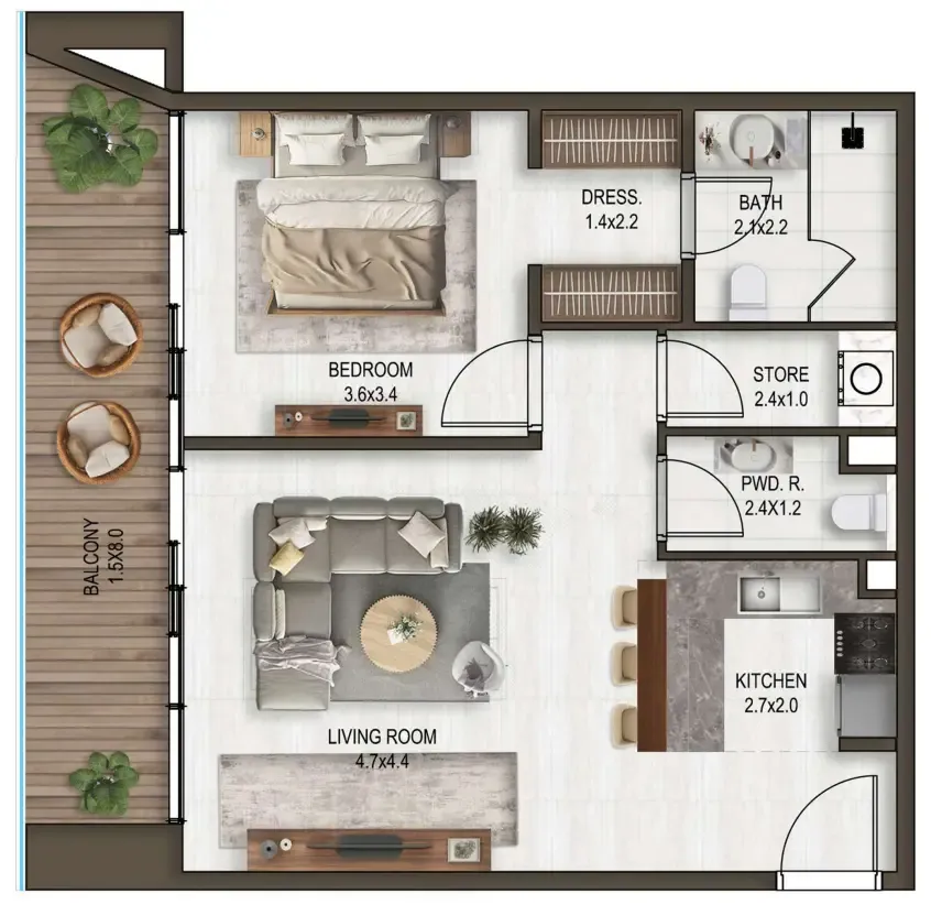 Noore 1 bed floor plan, 813 – 832 sqft