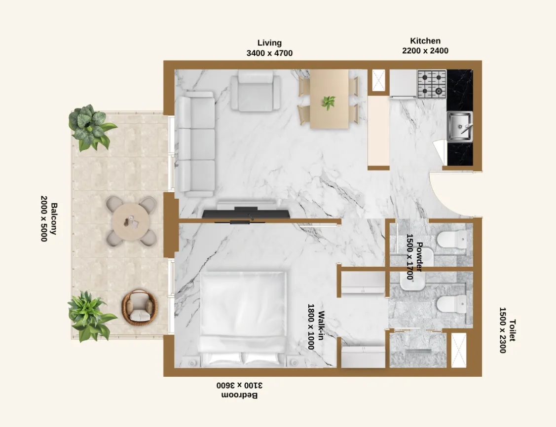RR Residence 1 bed floor plan, 652 sqft