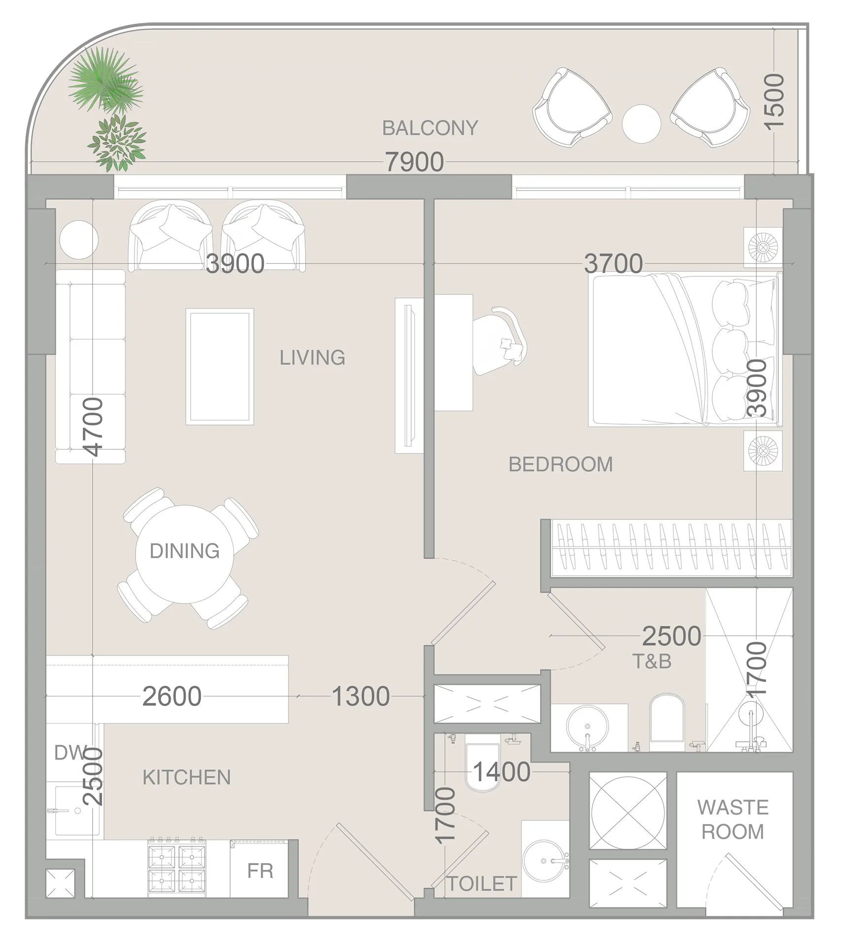 VERDAN1A 3 1 bed floor plan, 723 sqft