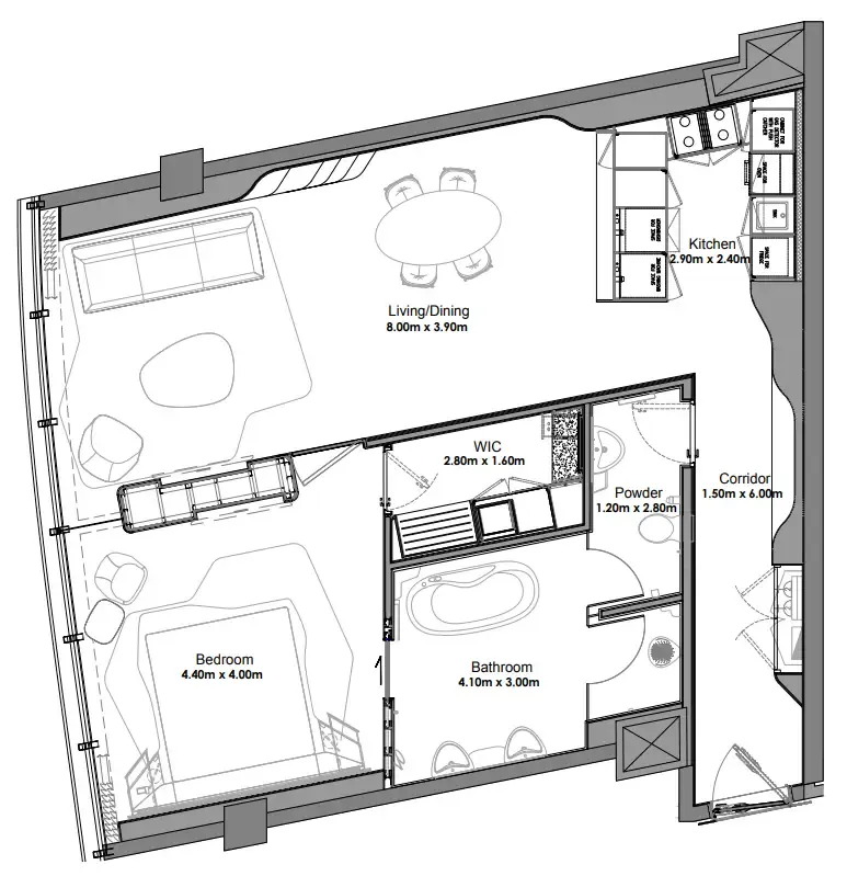 Opus By Zaha Hadid 1 bed floor plan, 887 sqft
