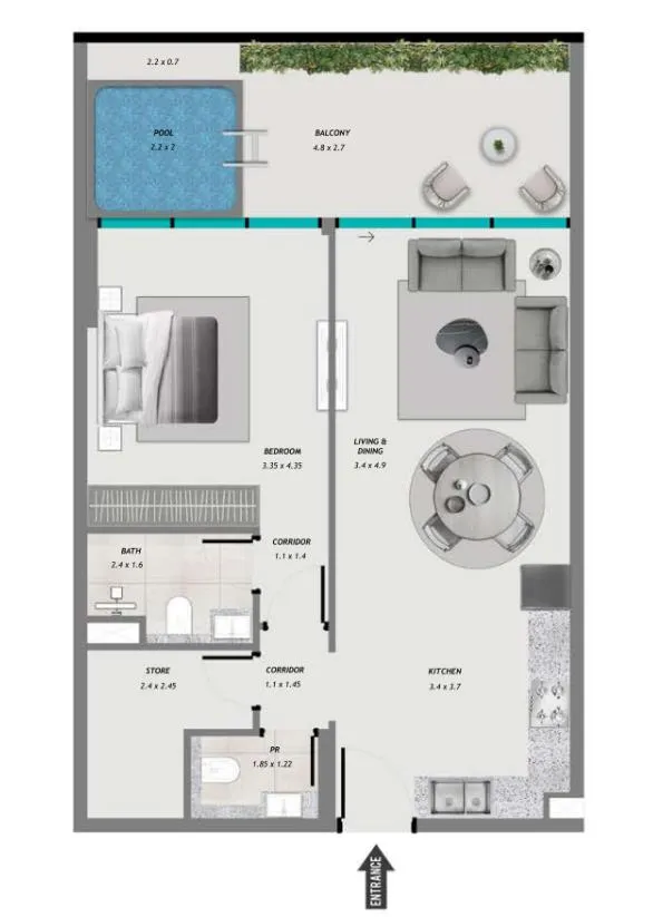 Samana Resorts 1 bed floor plan, 889 sqft
