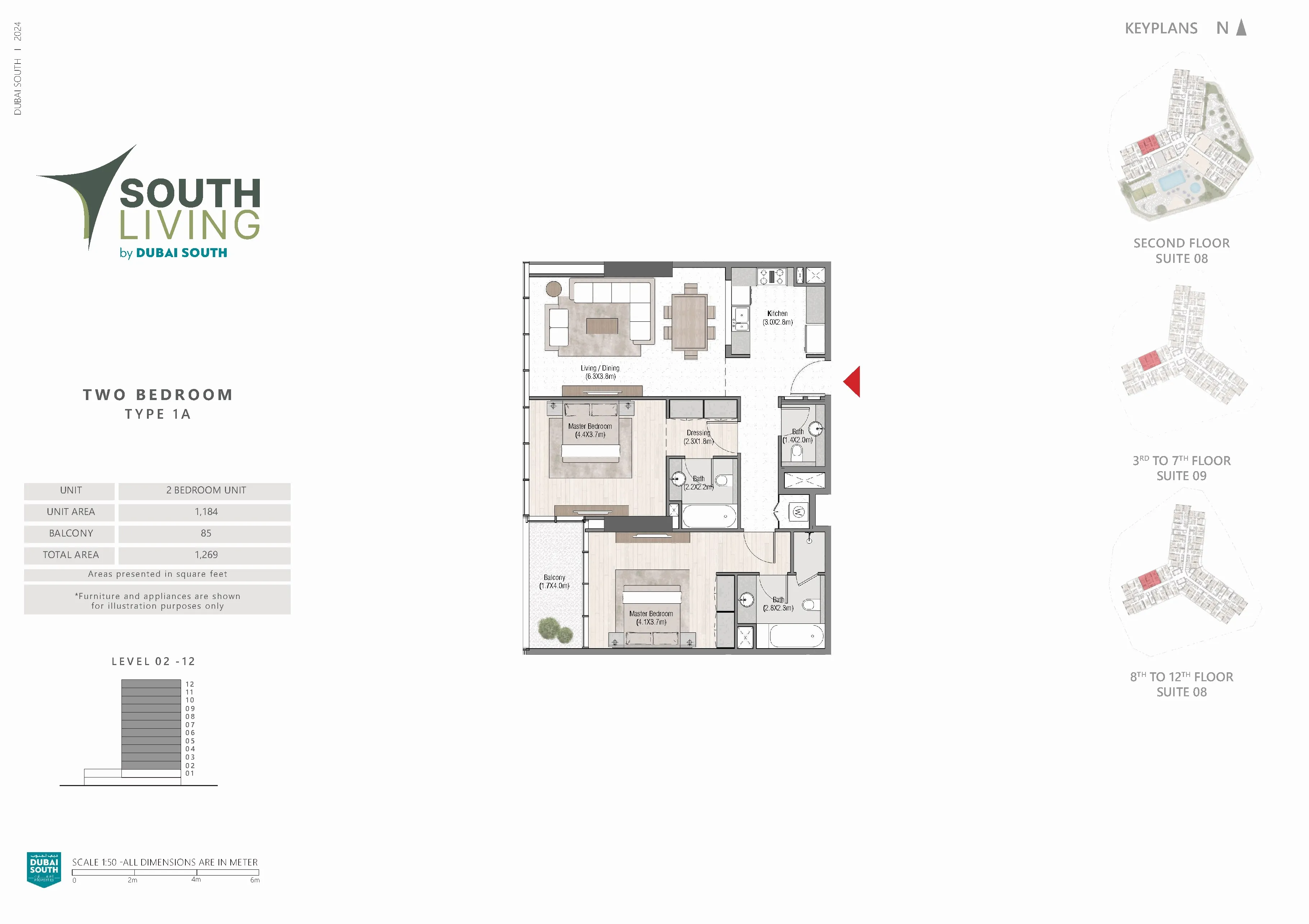 South Living 2 bed floor plan, 1,269 sqft