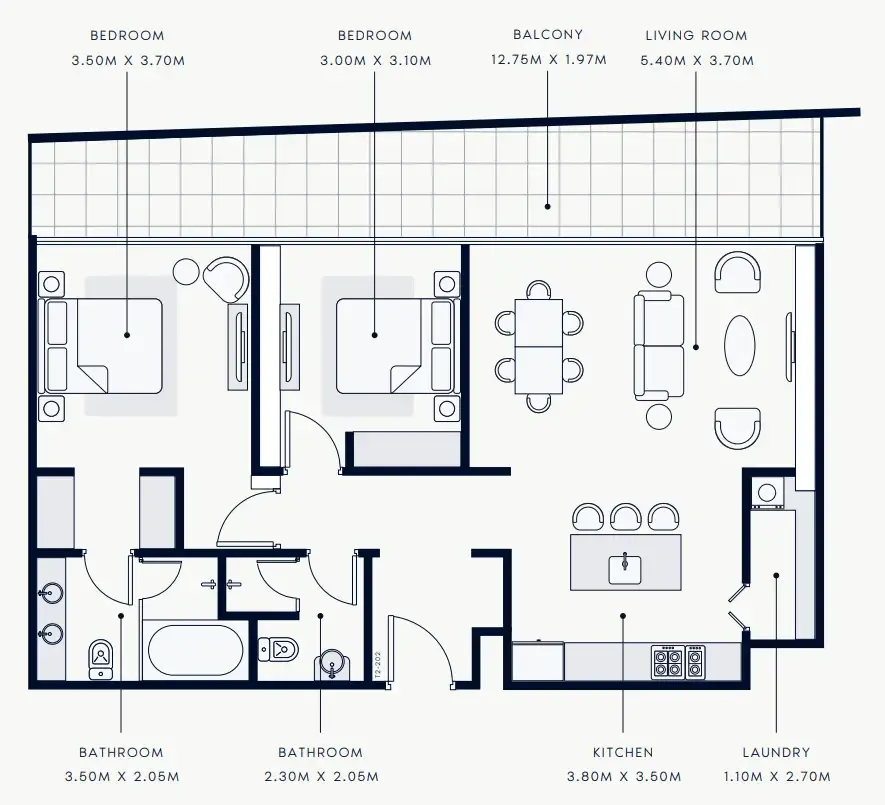 Riviera Rêve 2 bed floor plan, 1,288 – 1,289 sqft