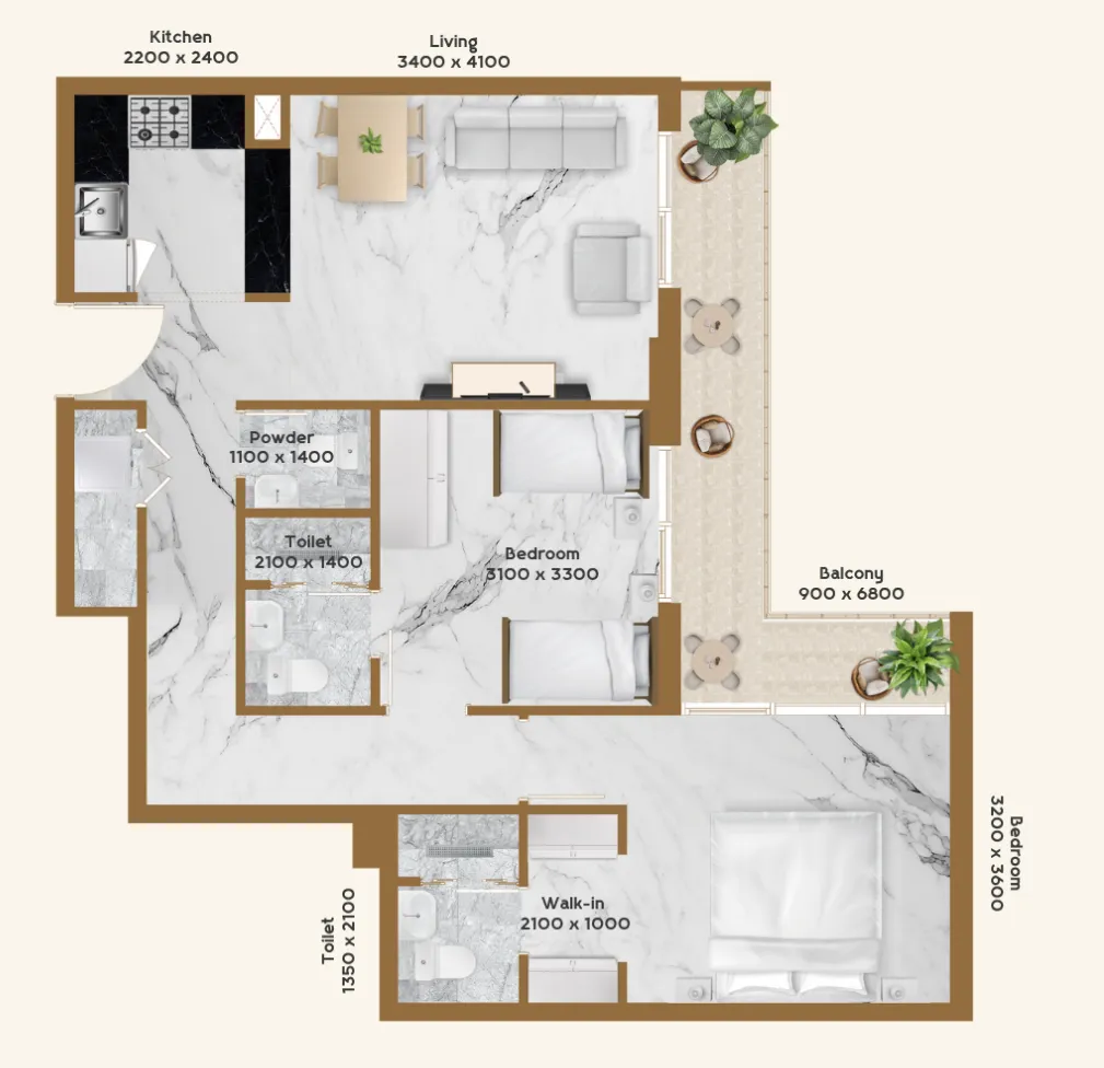 RR Residence 2 bed floor plan, 852 sqft