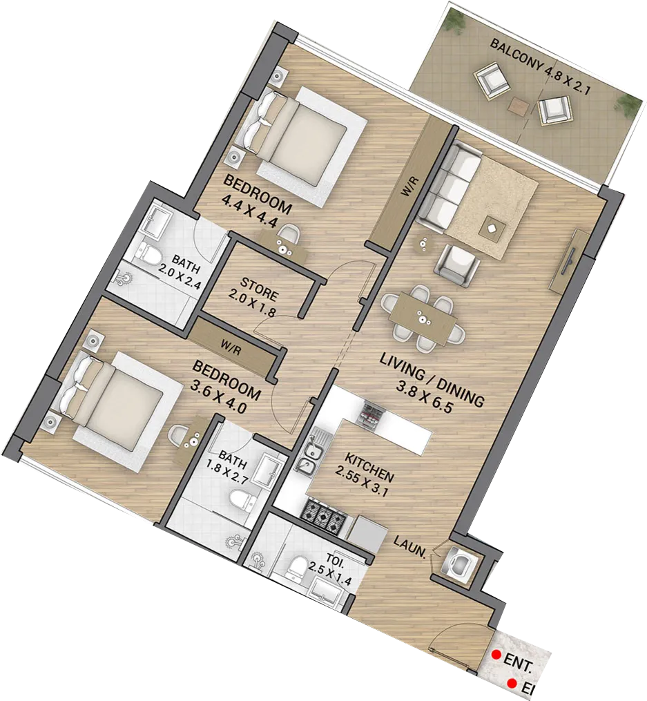 Ocean Tower 2 bed floor plan, 1,258 sqft