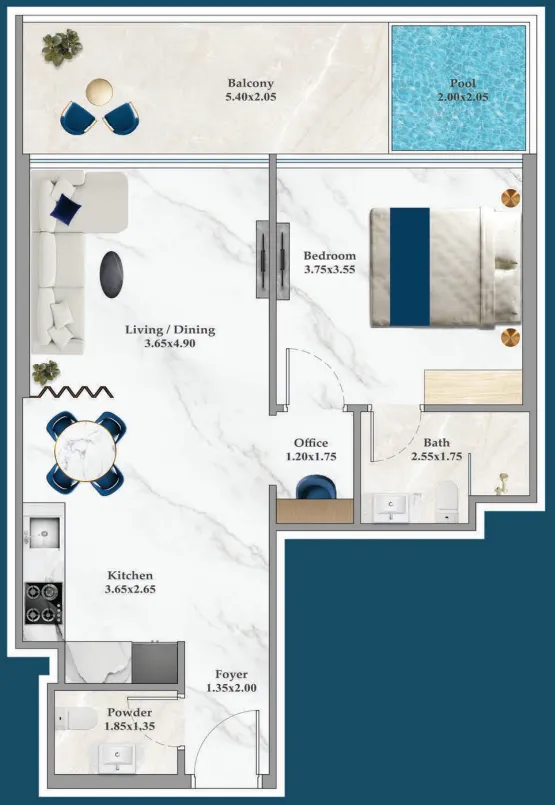 Timez 1 bed floor plan, 722 sqft