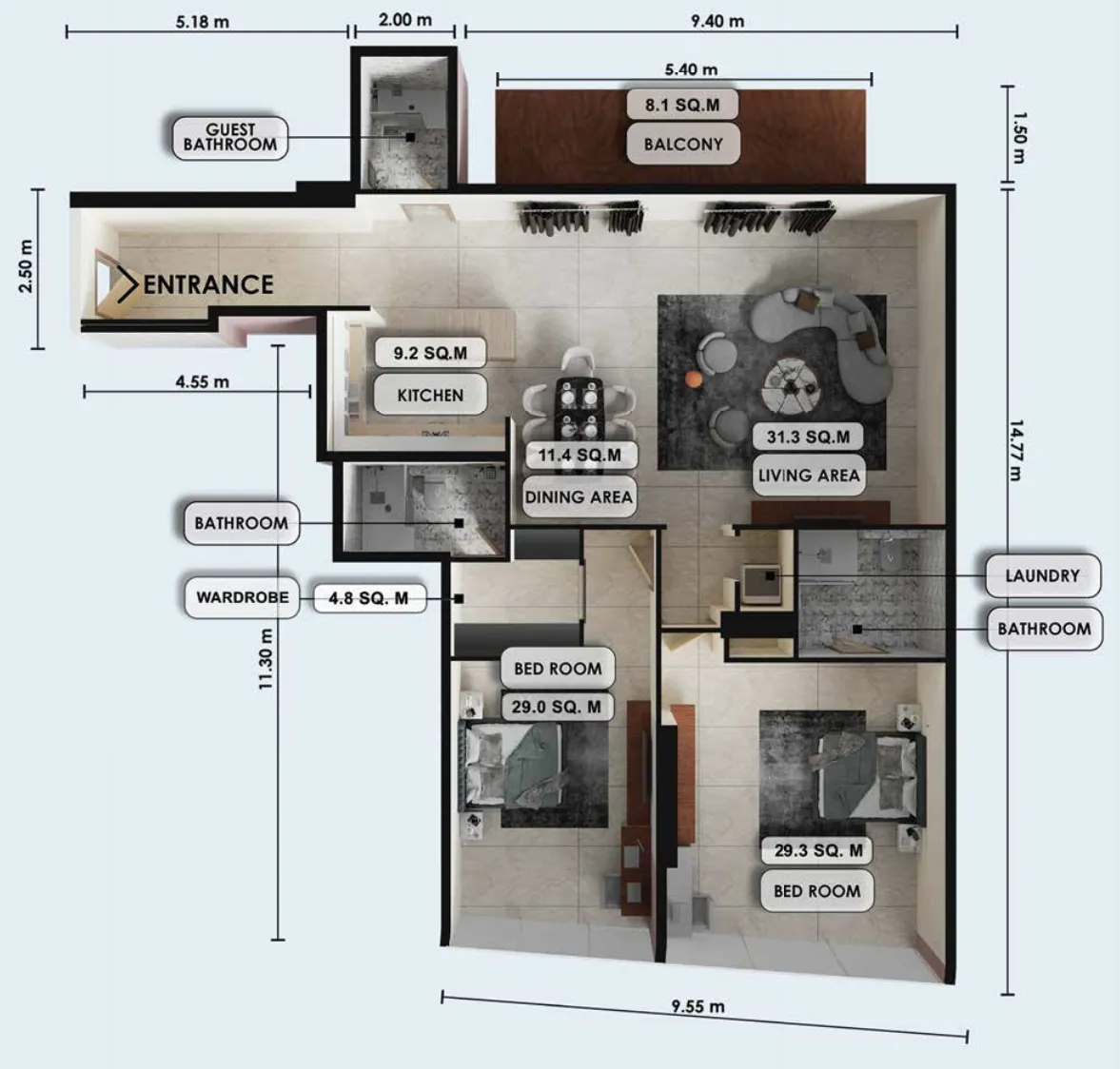 Zenith J1 2 bed floor plan, 1,911 sqft