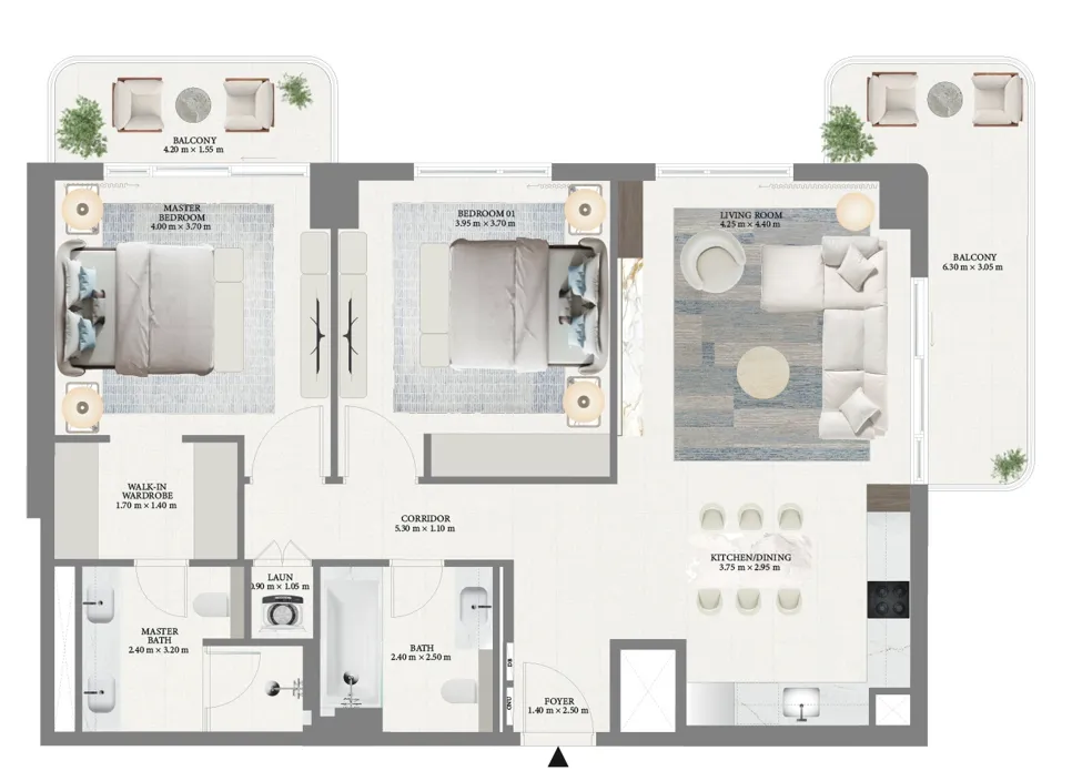 Porto View 2 bed floor plan, 1,292 sqft