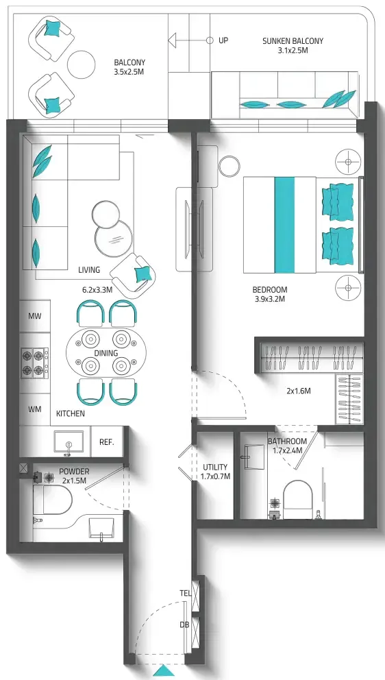 Reef 996 1 bed floor plan, 809 sqft