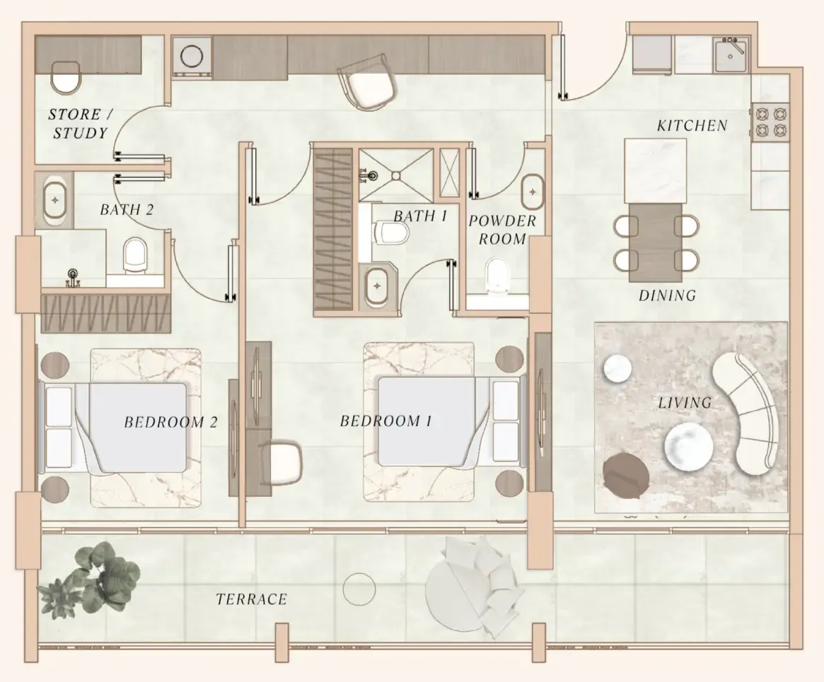La Cle by MAAIA 2 bed floor plan, 1,199 sqft