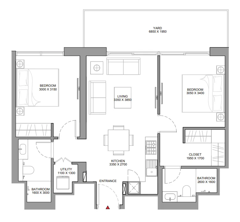 Florine Beach Residences 2 bed floor plan, 906 sqft