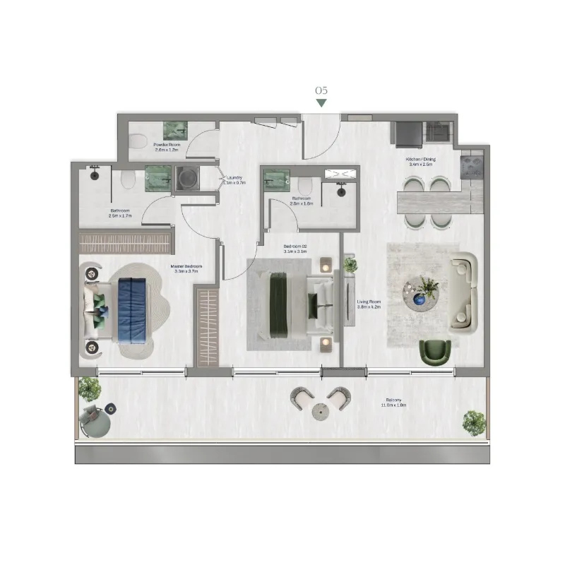 Oceara Park View Residences Phase 1 2 bed floor plan, 1,026 sqft