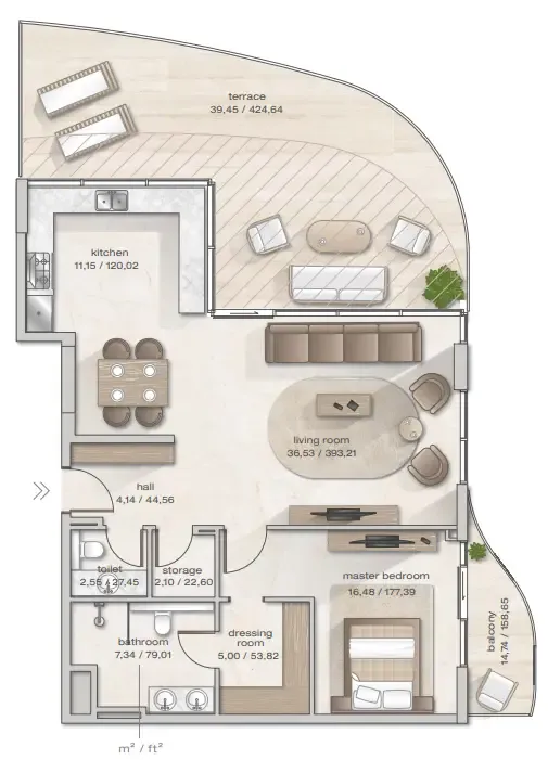 Zephyra Residences 1 bed floor plan, 1,497 sqft