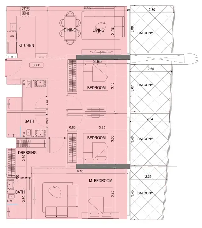 Project Maybach 3 bed floor plan, 1,568 sqft