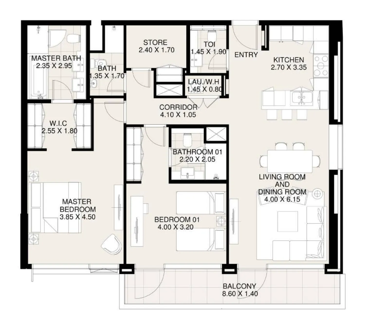 Canal Front Residences 3 and 4 2 bed floor plan, 1,413 sqft