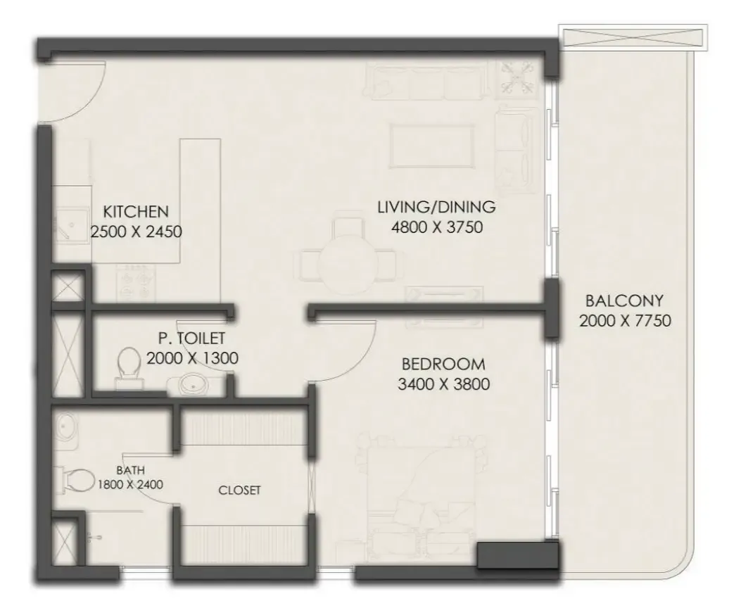 Park Residency 1 bed floor plan, 786 sqft
