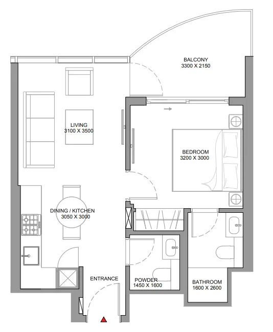 Sobha Aquamont 1 bed floor plan, 565 sqft