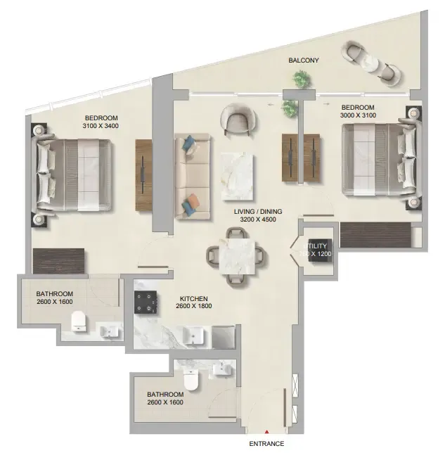 The Tranquil at Sobha Central 2 bed floor plan, 853 sqft