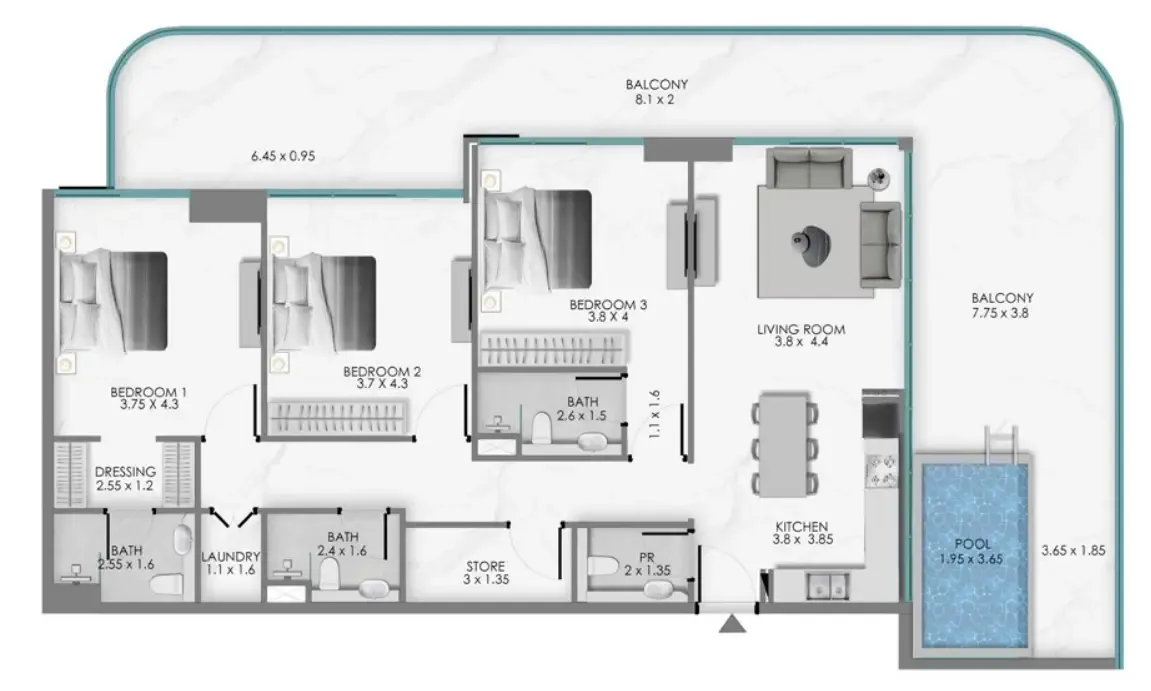Samana Ocean Bay 3 bed floor plan, 2,157 sqft