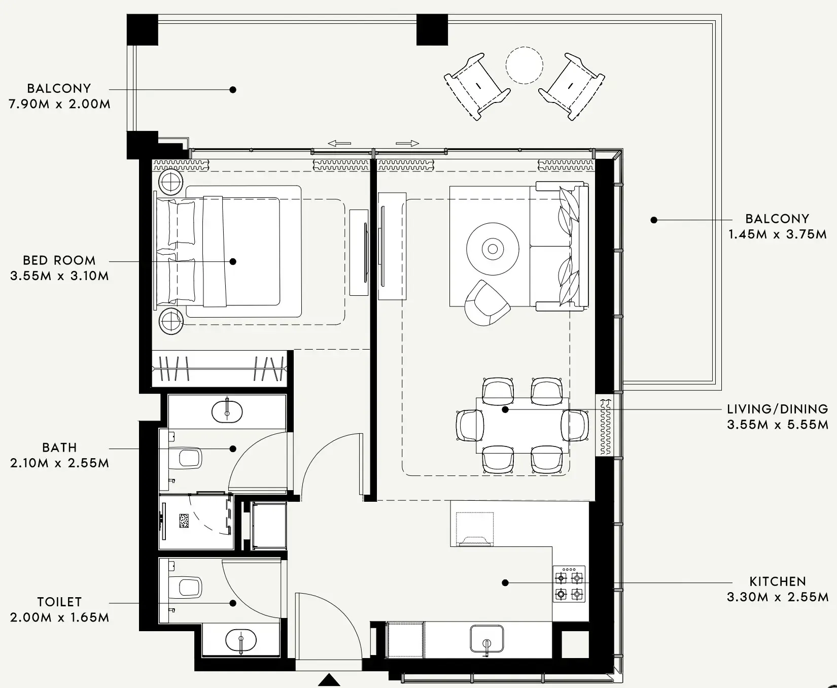 Riviera 58 1 bed floor plan, 932 sqft