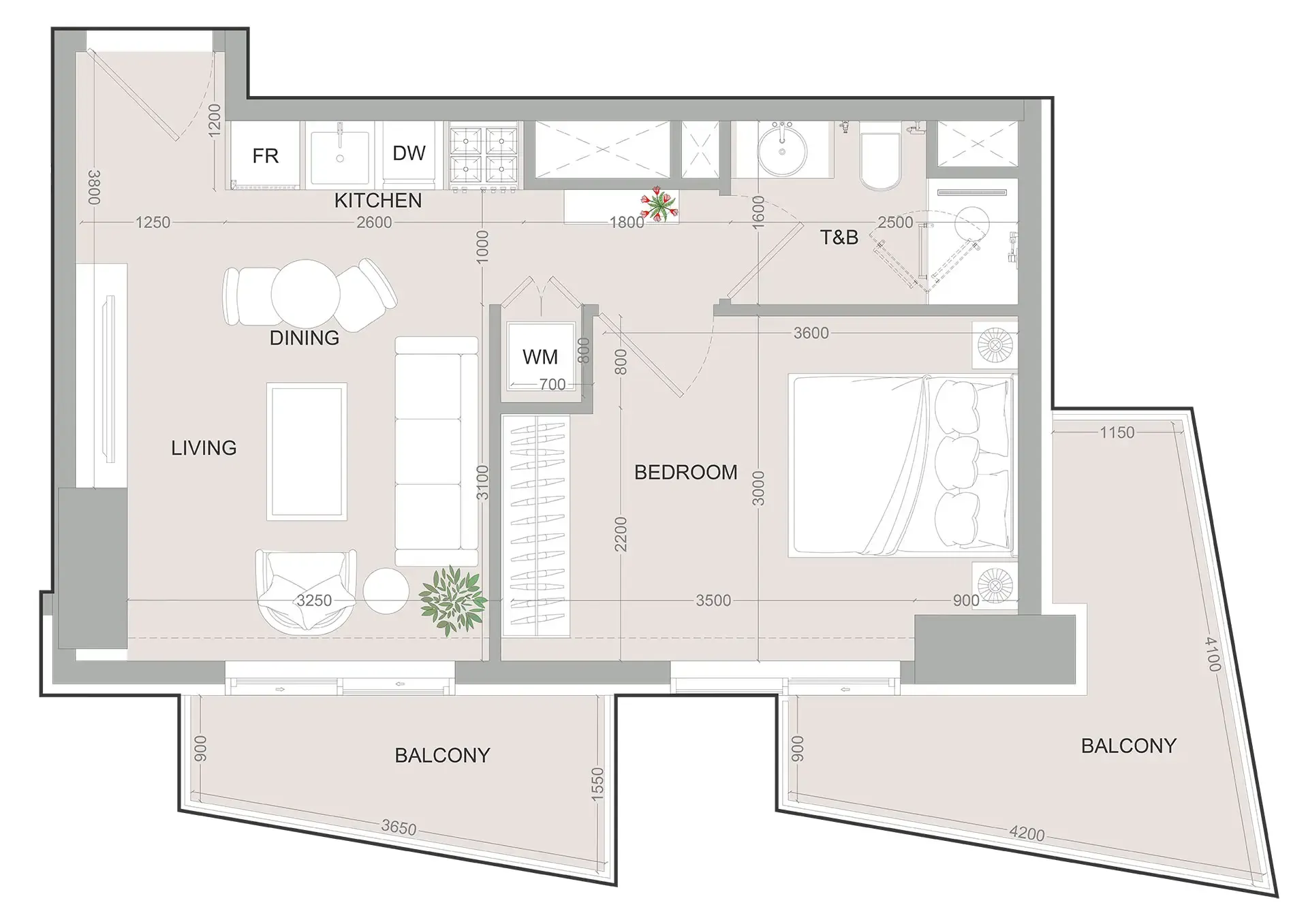 SKY LEVEL 1 1 bed floor plan, 594 – 596 sqft