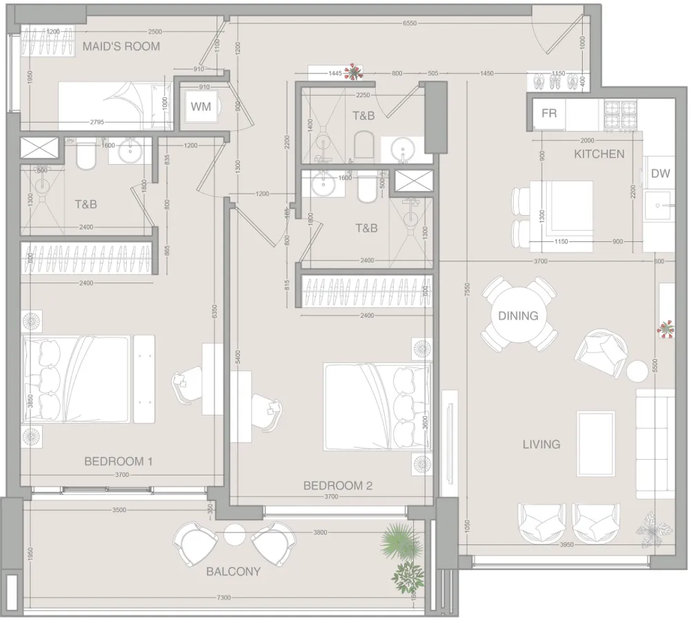 VERDAN1A 2 bed floor plan, 1,351 sqft