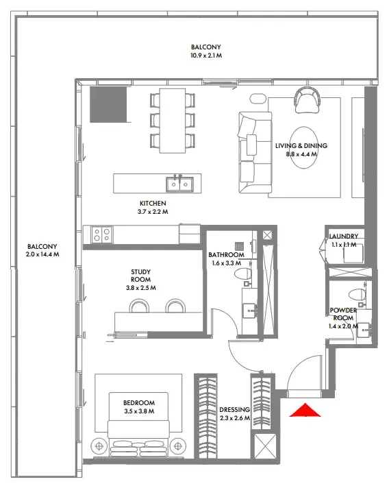 W The Residences by Arada 1 bed floor plan, 1,565 sqft