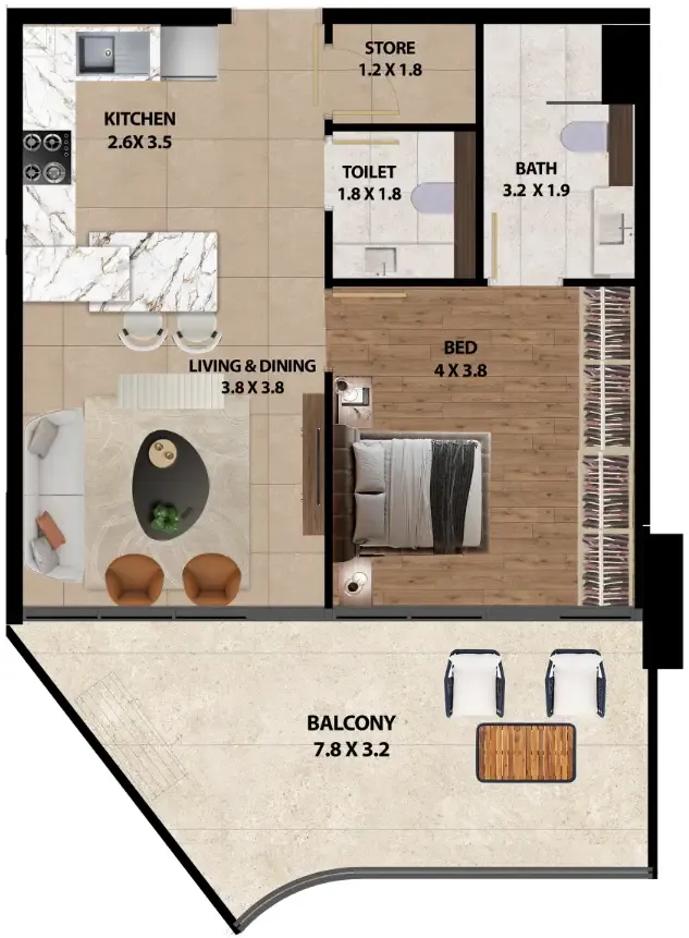Marquis One 1 bed floor plan, 883 sqft