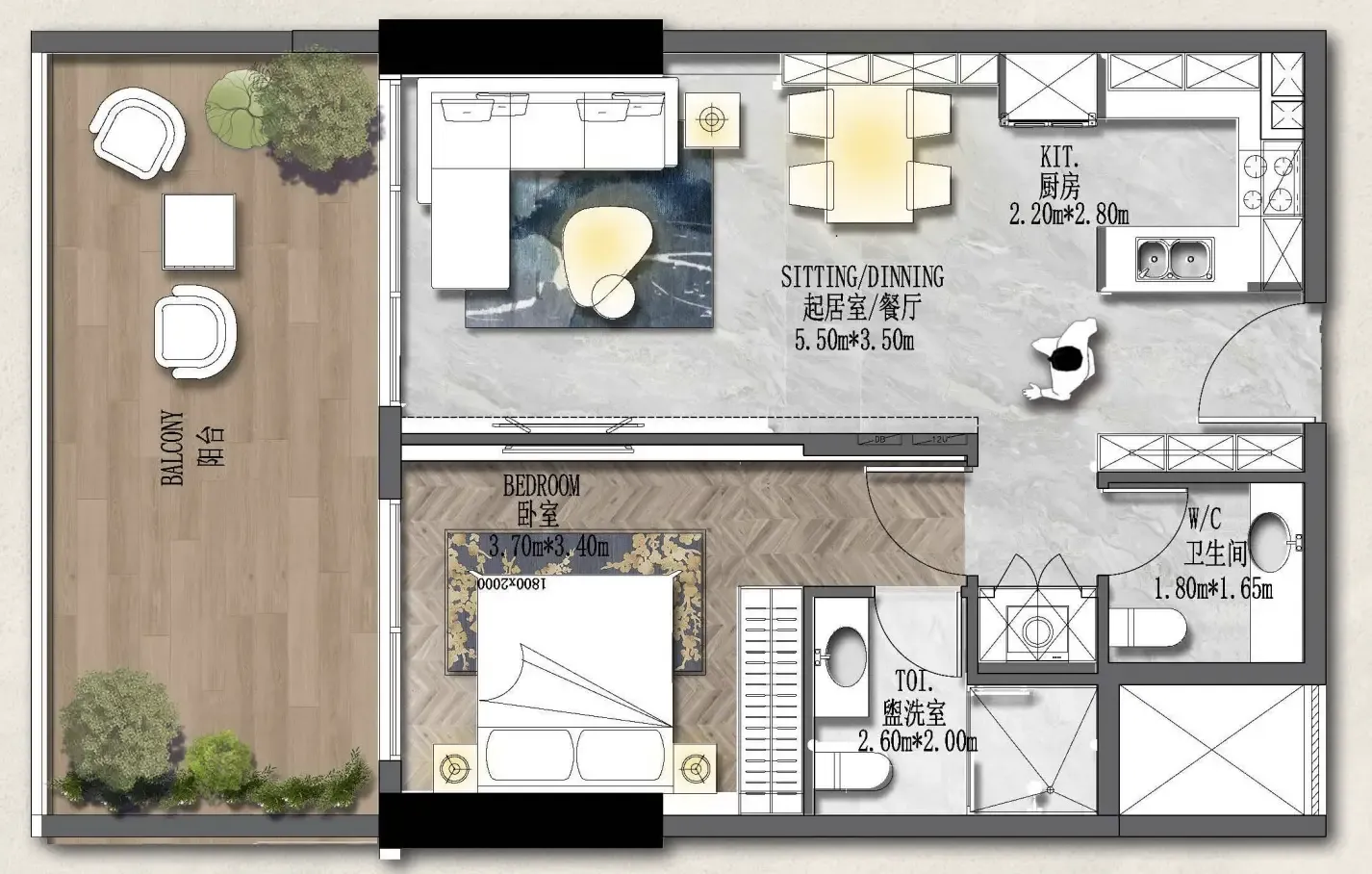 Forest City 2 1 bed floor plan, 873 – 890 sqft